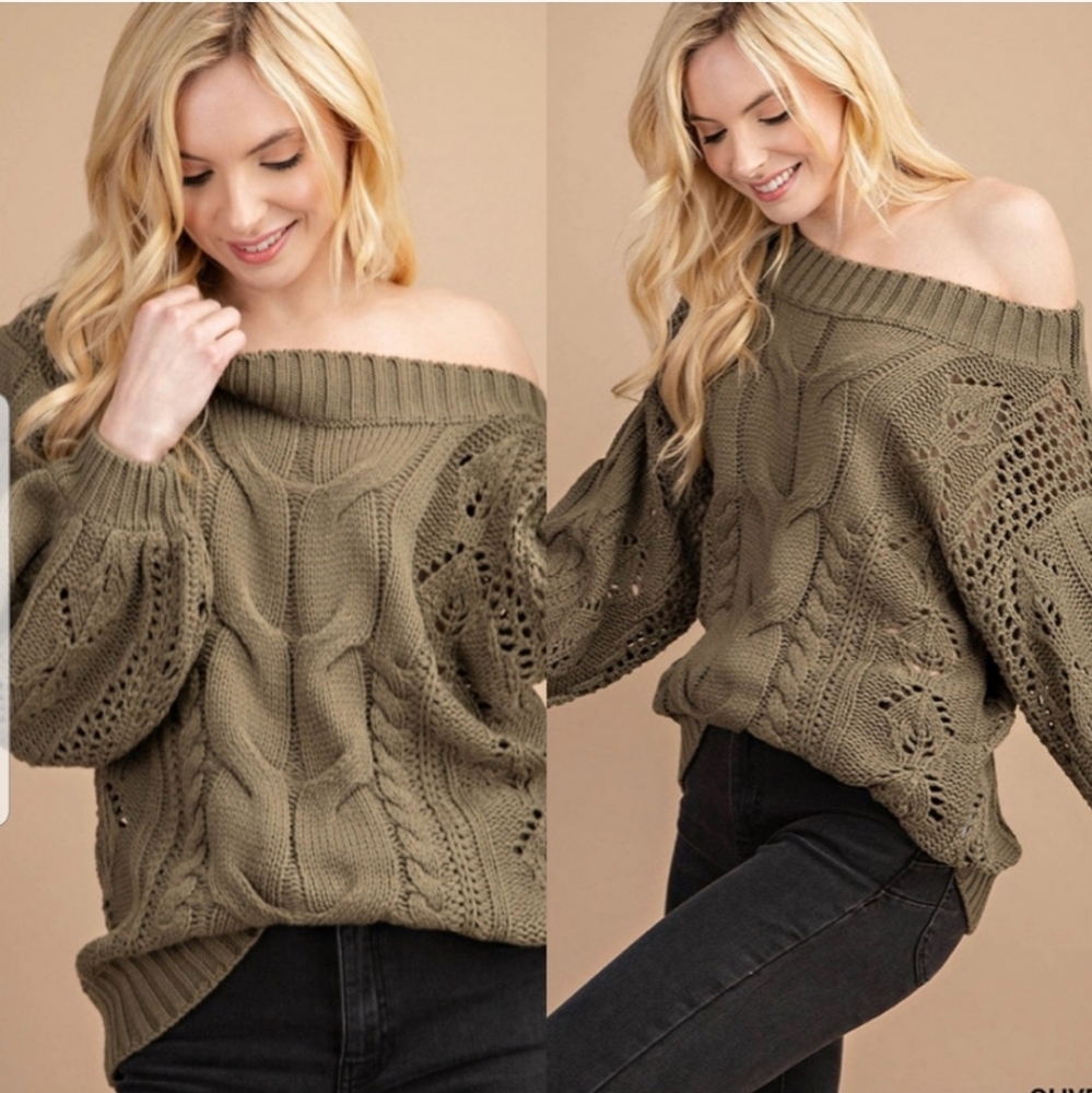 Chunky Knit Balloon Sleeve Sweater - Olive